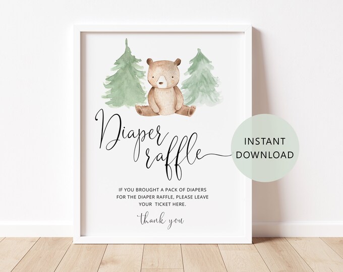 Bear diaper raffle sign. We can bearly wait baby shower. Little bear baby shower decor. Greenery bear baby shower Instant Download #w2