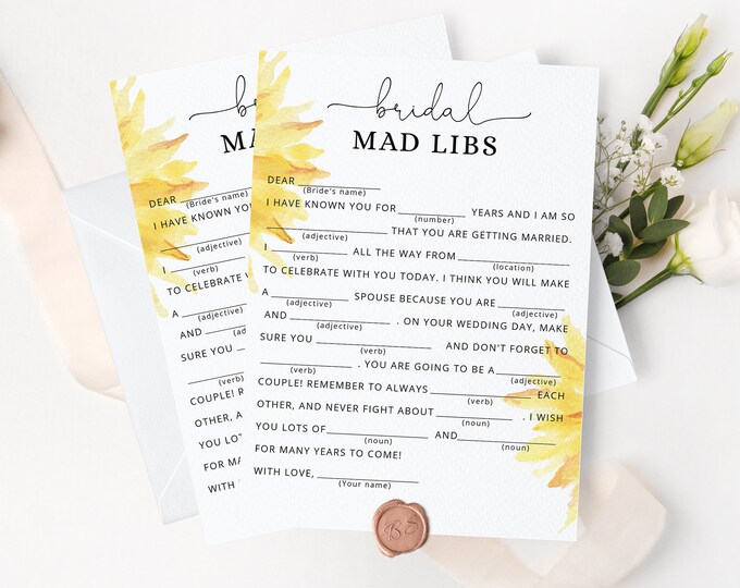 Sunflower Bridal Shower Mad Libs Game, Sunflower bridal shower Games. Sunflower Mad Libs  Hen Party Games Instant Download #sun1