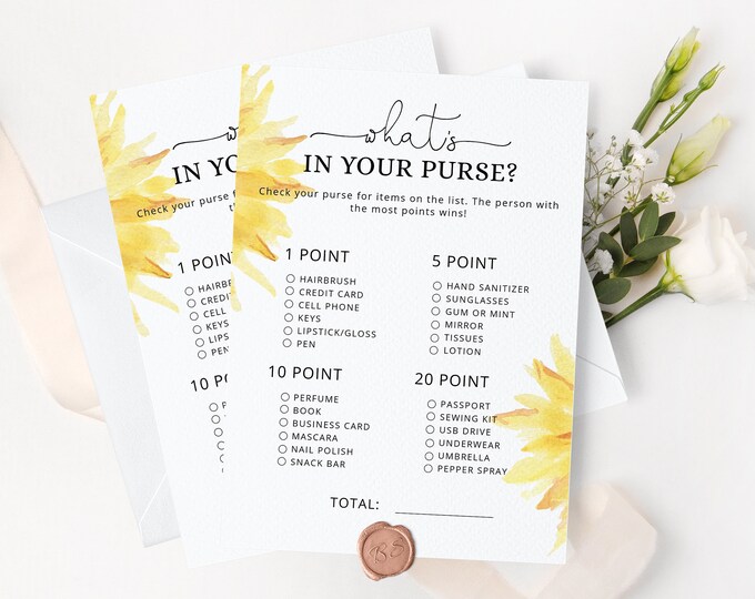 Sunflower What's In Your Purse. Sunflower Bridal Shower Games Printables. Printable Purse Game. Instant Download #sun1