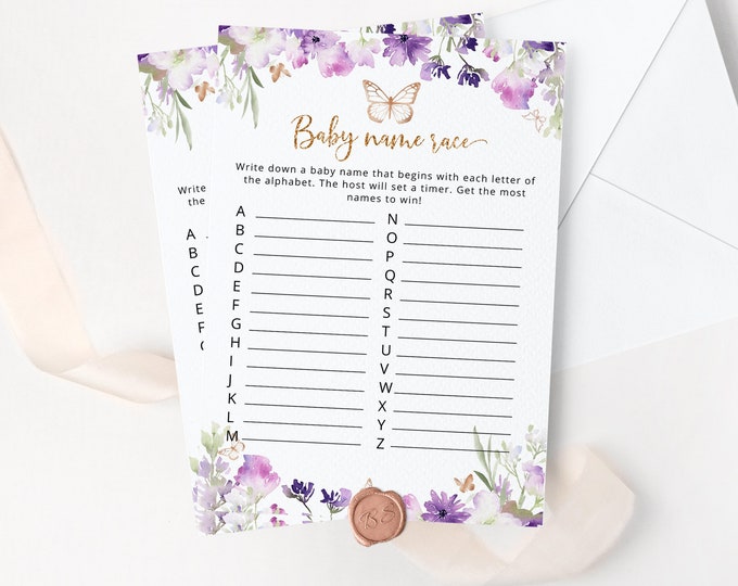 Baby name race Baby Shower Game. Purple butterfly baby name race game. Guessing Game. Spring butterfly Baby Shower Game Instant Download #06