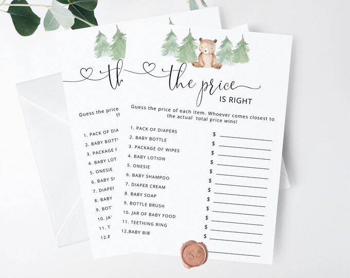 Bear the Price is Right Baby Shower Game. Bear baby shower game. Guessing Game. Woodland Baby Shower Game. Instant Download #w2