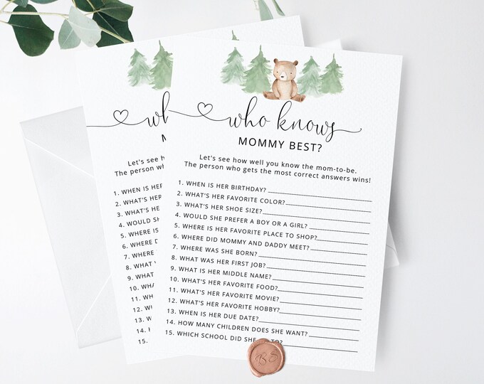 Bear Who Knows Mommy Best. Bear baby shower games. Teddy bear Baby Shower Game Printable. Instant Download #w2
