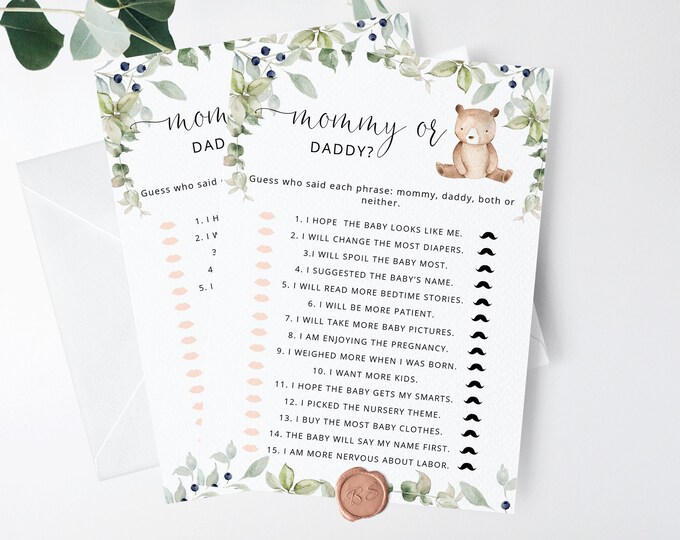 Bear Guess Who Said It Mommy or Daddy. Woodland Baby Shower Game. Little bear Mommy or Daddy Guess Who Baby Game Instant Download #w1