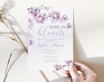 Baby in bloom Baby Shower Invitation template.  Cherry blossom baby shower Invitation. It's a Girl baby Shower Invitation. Corjl #l14