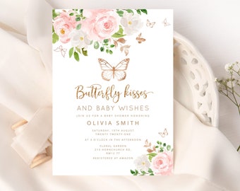 Butterfly baby shower Invitation template. Blush Pink gold Baby girl Shower Invitation. Butterfly kisses and bbay wishes baby shower #05