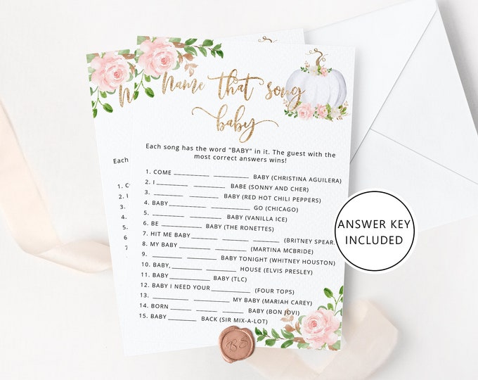 Name that song baby game. Blush pink Pumpkin  name that song baby shower game. Pumpkin baby shower games. Instant Download #p3