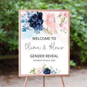 Gender Reveal welcome sign, navy blue and blush pink. Baby shower Corjl Printable, Editable Instant Download. #gr2