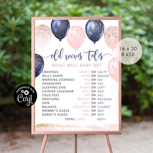 Old Wives Tales Sign, balloons Gender Reveal Decorations, Gender Reveal Printable Party Sign, He or She gender reveal games. #gr4