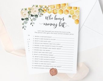 Bee Who Knows Mommy Best game. Printable bee baby shower game. What will baby bee Baby Shower Game. Instant Download #bee