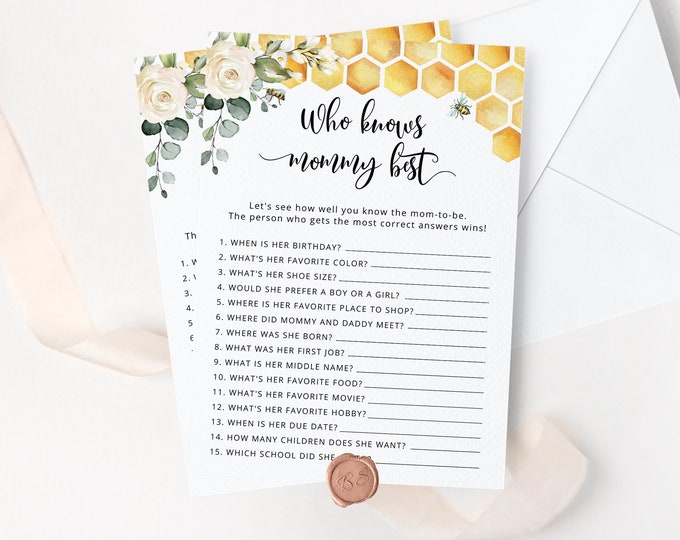 Bee Who Knows Mommy Best game. Printable bee baby shower game. What will baby bee Baby Shower Game. Instant Download #bee