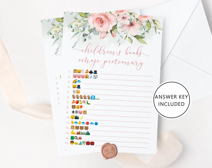 Children's Book Emoji Pictionary. Blush pink Baby Shower emoji pictionary guessing game with answers. Peach floral game Instant download fl2