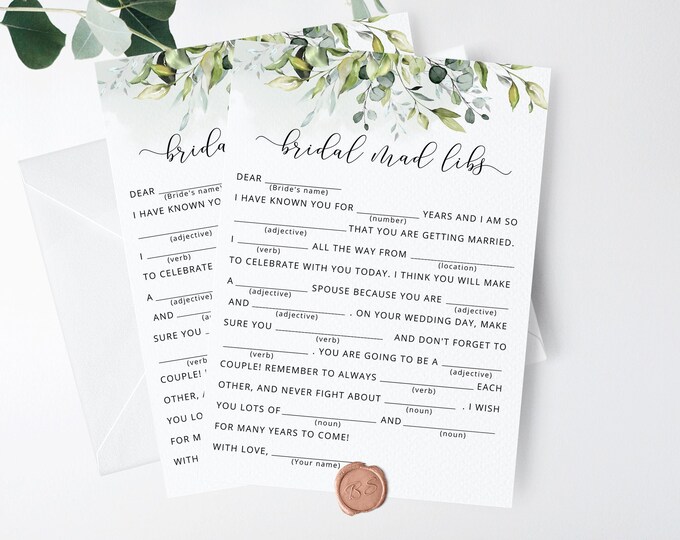Greenery Bridal Mad Libs Game. Eucalyptus bridal mad libs game.  Greenery bridal shower games. Instant Download #01