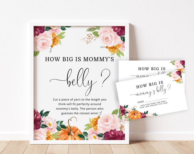 Pumpkin How Big is Mommy's Belly Game. Floral Pumpkin baby shower games. Belly Guessing Game. Fall baby shower games.  Instant Download #p2