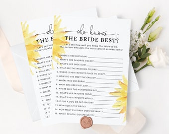 Sunflower Who Knows the Bride Best game. Sunflower Bridal Shower Games, How Well Do You Know the Bride game. Instant Download #sun1