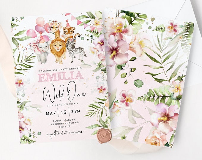 Wild one safari girl birthday invitation. Editable party animals birthday Invite. Girls safari animals 1st birthday Invite. #saf2