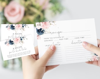 Navy Blush Bridal Shower Recipe Card. Navy Recipe card template. Navy blush Bridal shower recipe card insert. Instant download #n1