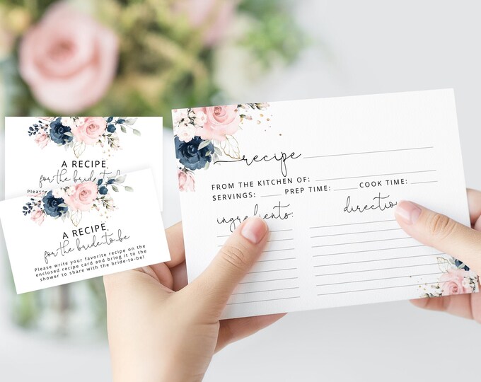 Navy Blush Bridal Shower Recipe Card. Navy Recipe card template. Navy blush Bridal shower recipe card insert. Instant download #n1