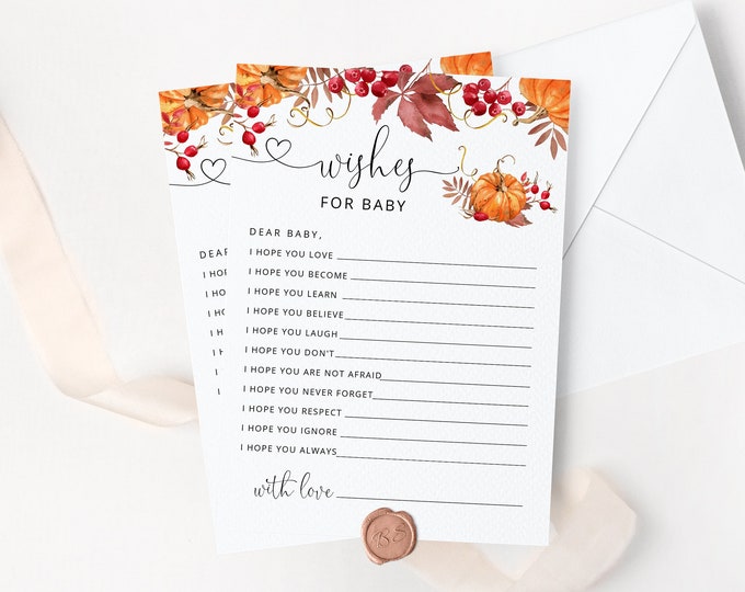 Pumpkin Wishes for Baby card. Fall wishes for baby. Printable Pumpkin Baby Shower Game. Baby Shower Activities. Instant download #p1