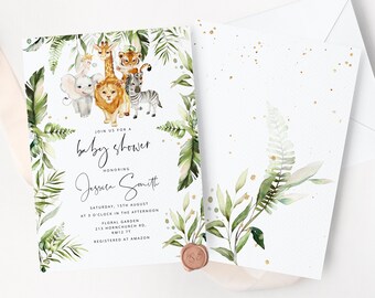 Safari baby shower invitation. Gender neutral gold  jungle baby shower invitation. Safari animals baby shower invite #saf3