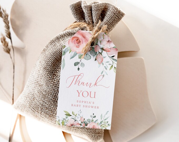 Floral favor tag. Blush baby shower Thank You Tag Template. Greenery thank you tag. Eucalyptus favor tag #fl2