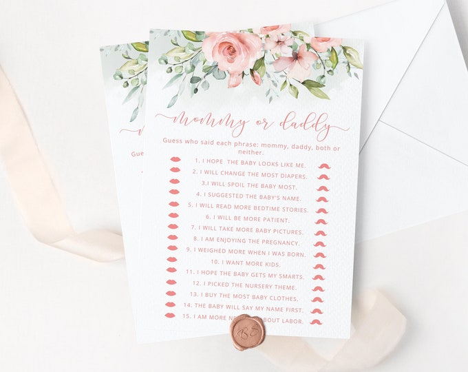 Floral Guess Who Said It Mommy or Daddy. Floral Baby Shower Games. Floral blush Mommy or Daddy Guess Who Baby Game Instant Download #fl2