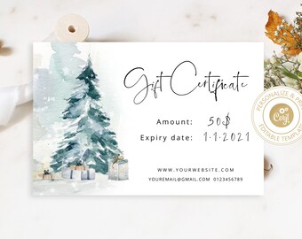 Editable Christmas Gift Certificate Template, Holiday Voucher (Corjl Instant Download)