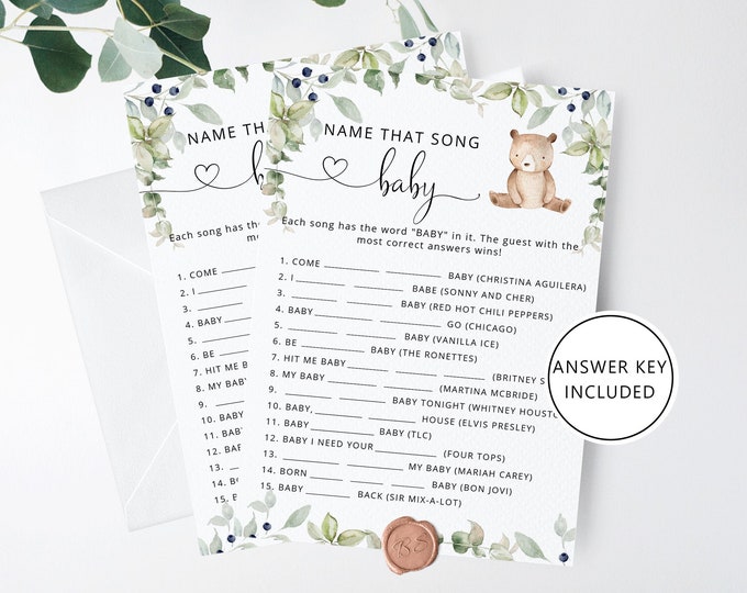 Name that song baby game. Bear name that song baby shower game. Woodland baby shower games. Instant Download #w1