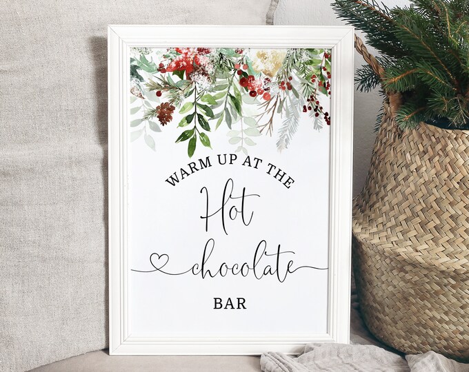 Hot chocolate bar Sign. Warm up at the Hot Chocolate bar Sign. Evergreen baby shower decoration. Instant Download #rg2