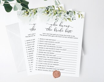 Greenery Who Knows the Bride Best game. Bridal Shower Games, How Well Do You Know the Bride game. Eucalyptus Instant Download #01
