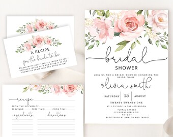 Bridal shower invitation template and recipe card. Floral watercolor Bridal Shower invitation, Bridal Shower recipe card #br2