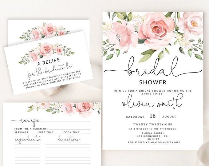Bridal shower invitation template and recipe card. Floral watercolor Bridal Shower invitation, Bridal Shower recipe card #br2