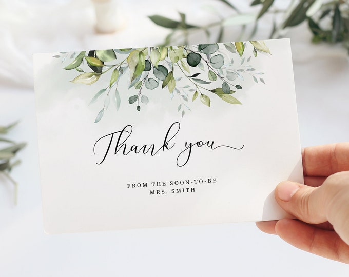 Eucalyptus greenery Thank You Cards Printable Template. Greenery bridal shower Thank You Card. Greenery thank you card #01