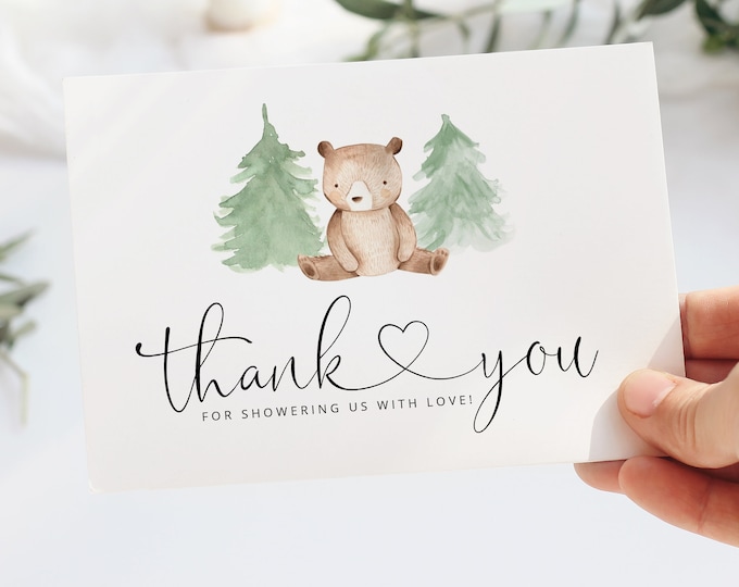 Bear Thank You Cards Printable Template.  Woodland thank you card. Greenery little bear Thank You Card. #w2