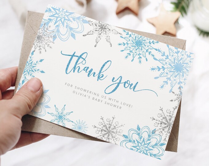 Winter Thank You Cards Printable Template.  Blue silver snowflakes abby shower thank you card. Instant download #sn2
