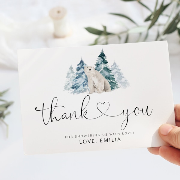 Bear Winter Thank You Cards Printable Template.  Polar bear thank you card. Winter baby shower. Woodland holiday thank you card #ad1