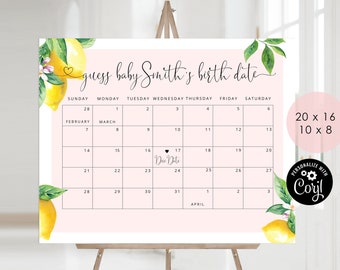Lemon Guess the due Date Kalender. Little squeeze Guess The Baby Geburtstagsspiel. Citrus Baby Shower Instant Download #lem2