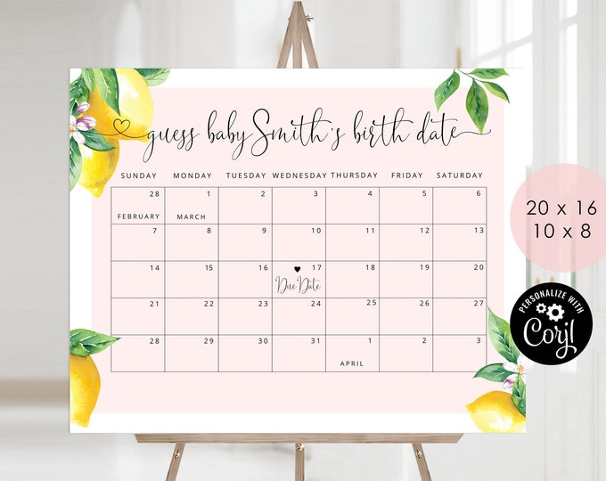 Lemon Guess the due Date calendar. Little squeeze Guess The Baby Birthday Game. Citrus Baby Shower Instant download #lem2