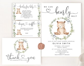 We can bearly wait Baby Shower Invitation bundle. Woodland baby shower invitation bundle. Boy Baby Shower Invitation set.  #w1