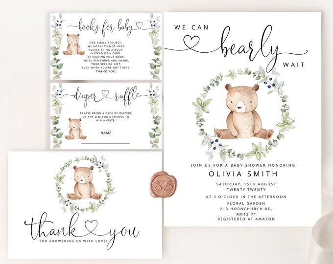 We can bearly wait Baby Shower Invitation bundle. Woodland baby shower invitation bundle. Boy Baby Shower Invitation set.  #w1