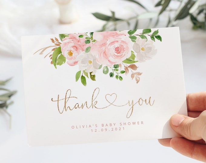 Blush pink Thank You Cards Printable Template.  Girl baby shower thank you card. Gold blush pink baby shower. Instant download #fl1