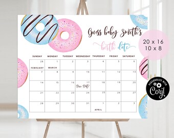 May include: A printable baby shower game with a donut theme. The game asks guests to guess the baby's birth date. The calendar is for February and March with a due date marked on March 17th. The game is available in two sizes: 20 x 16 inches and 10 x 8 inches.