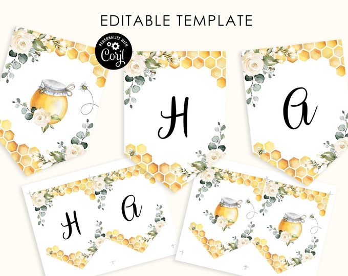 Editable bee banner. Sweet as can bee party banner. Bee-day banner. Bee baby shower decoration.  Corjl template #bee