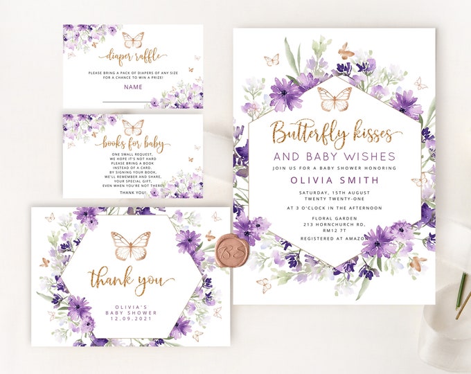 Butterfly Baby Shower Invitation template. Purple butterfly baby shower invitation bundle. Butterfly kisses and baby wishes invite  #06