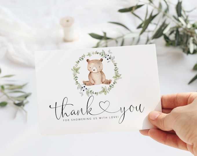 Bear Thank You Cards Printable Template.  Woodland thank you card. Greenery little bear Thank You Card. #w1