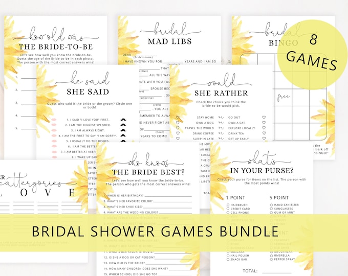 Sunflower Bridal Shower Games Bundle, Wedding Shower Games. Bachelorette Party Games, Printable Hen's Party Games Instant Download #sun1