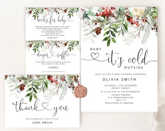 Baby its cold outside Baby Shower Invitation bundle. Winter baby shower invitation bundle. Gender Neutral winter greenery.  #rg2