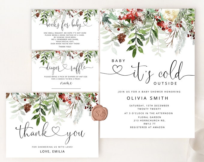Baby its cold outside Baby Shower Invitation bundle. Winter baby shower invitation bundle. Gender Neutral winter greenery.  #rg2