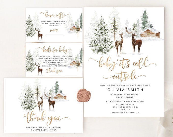 Baby its cold outside Baby Shower Invitation bundle. Winter woodland baby shower invitation bundle. Gender Neutral Baby Shower #w3