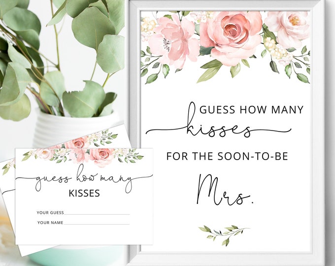 Floral Guess How Many Kisses. Bridal Shower Game. Bridal Shower Guessing Games. Guess How Many Kisses for the Mrs Instant download #BR2