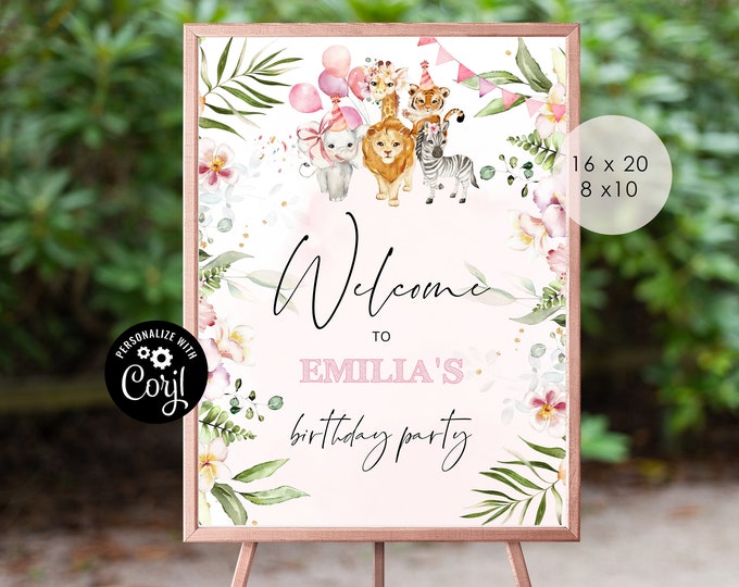 Safari birthday party welcome sign.  Editable girl safari birthday welcomes sign template. Jungle baby shower Instant Download #saf2
